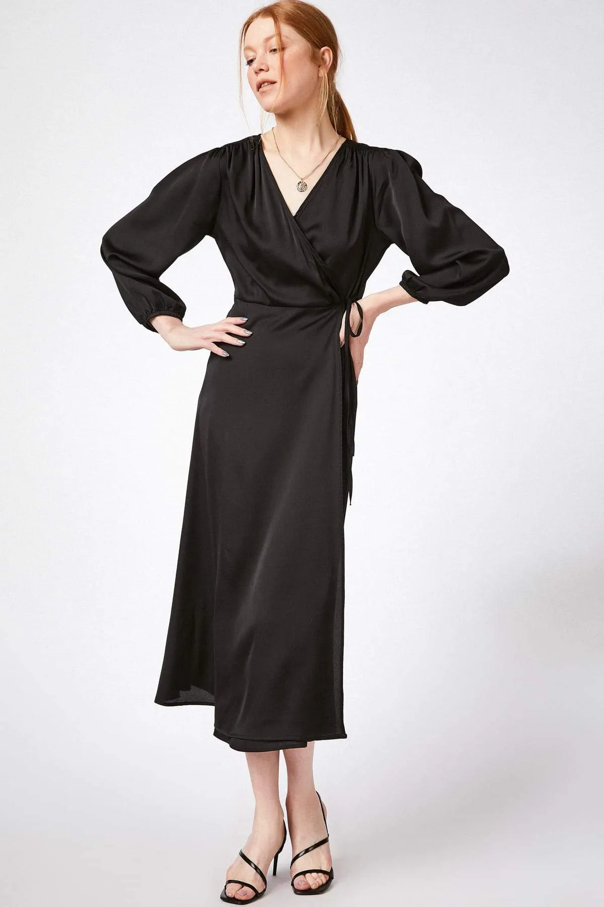 12793 Black Wrap Skirt Satin Dress