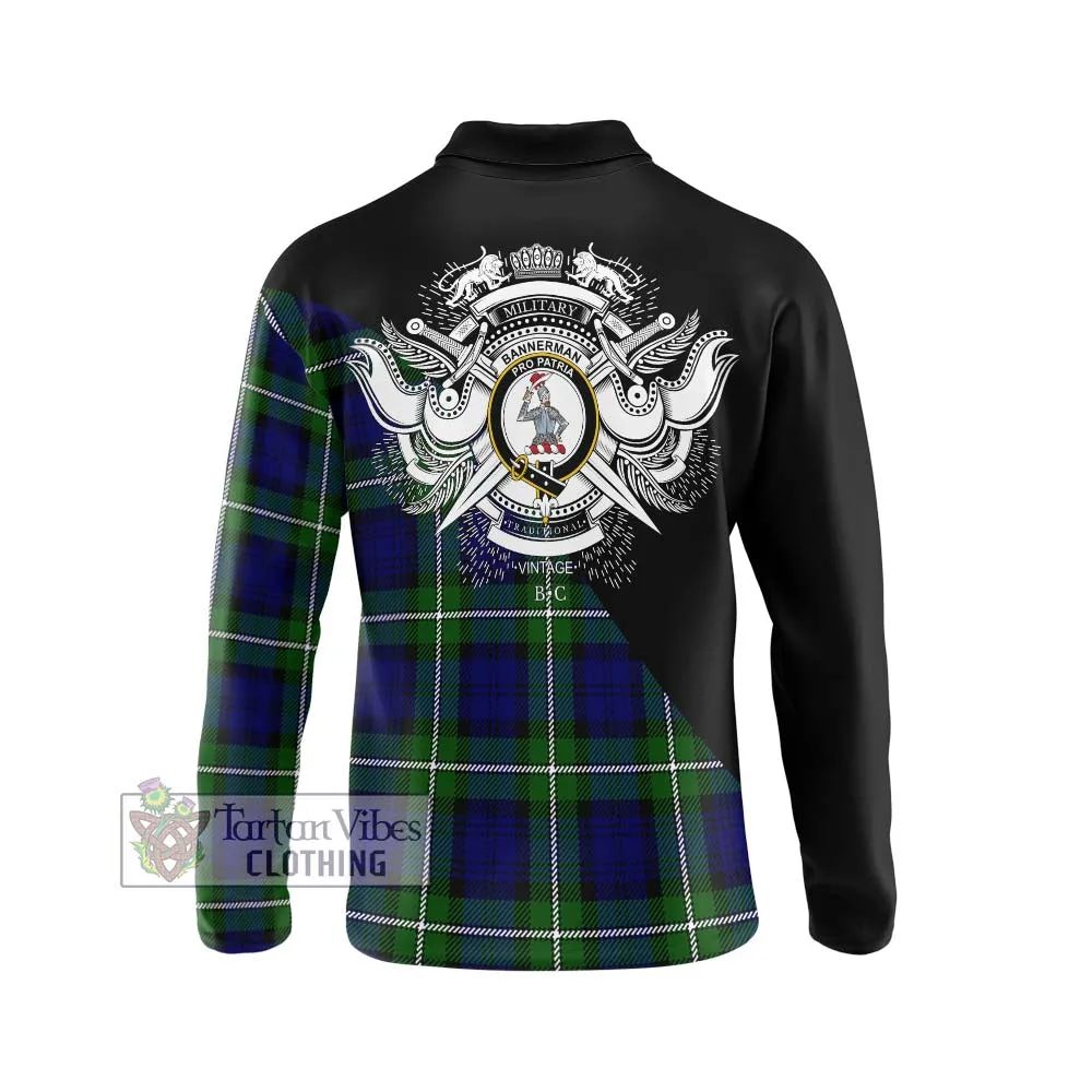 Bannerman Tartan Long Sleeve Polo Shirt with Family Crest and Military Logo Style