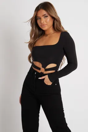 Black Ring Detail Front Cut Out Bodysuit - Ryelee Black Ring Detail Front Cut Out Bodysuit - Ryelee