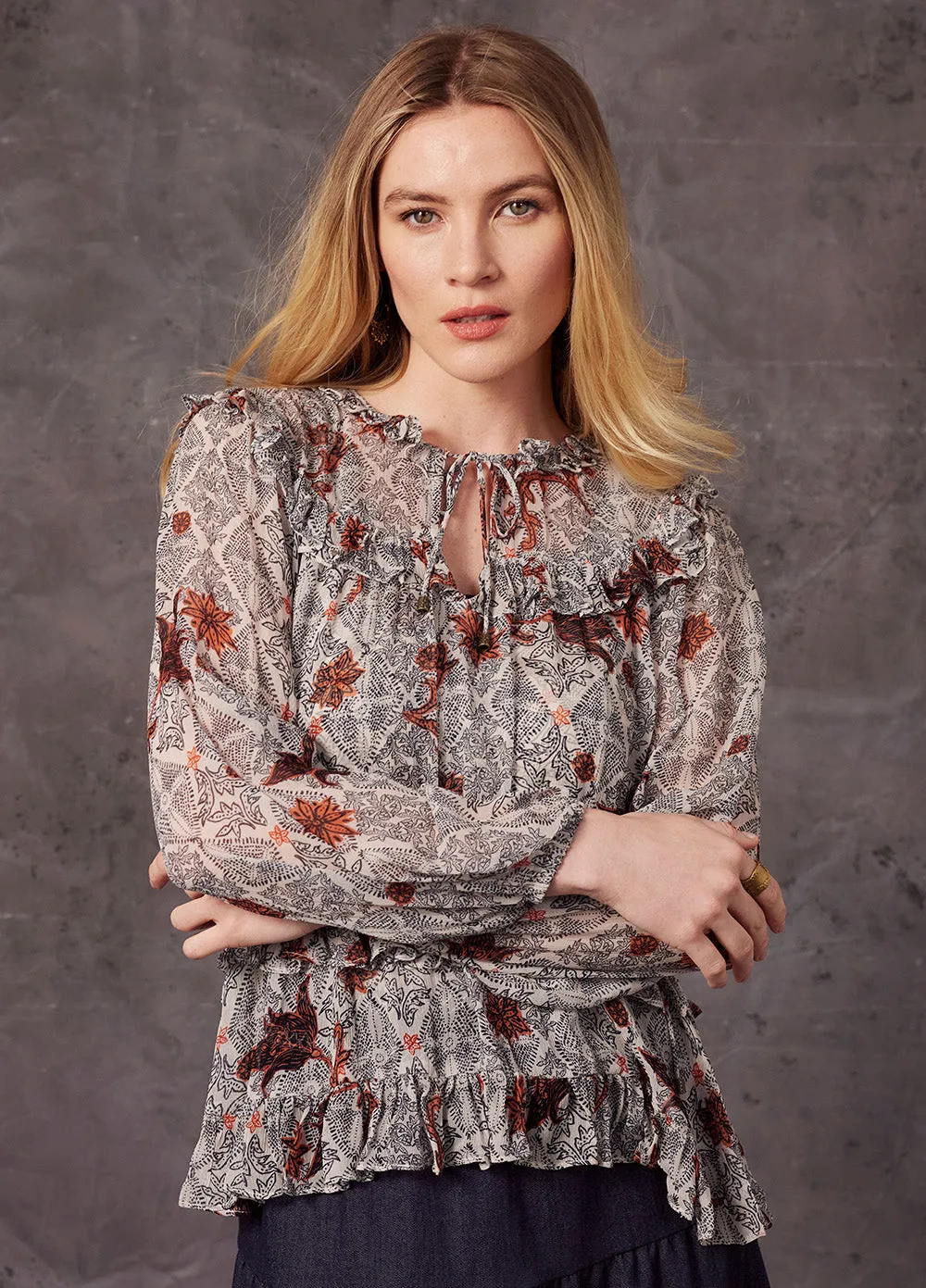 Fearless Ruffle Top in Bone Multi