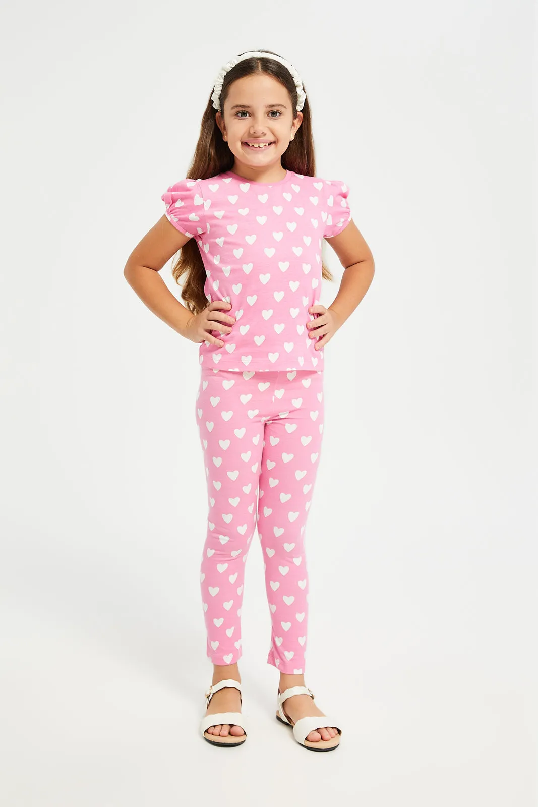Girls Fuchsia Heart Printed Leggings