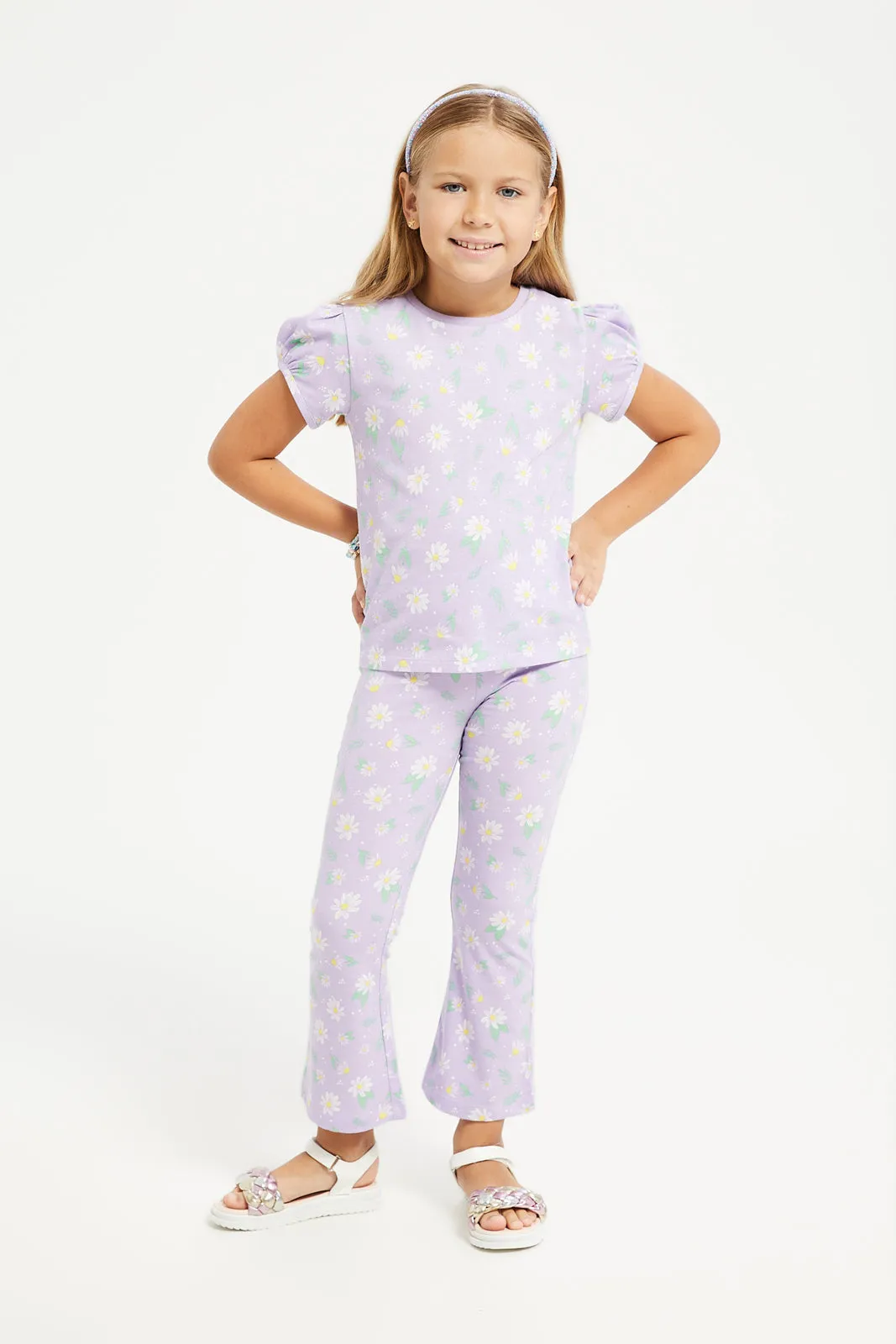 Girls Lilac Floral Print Leggings