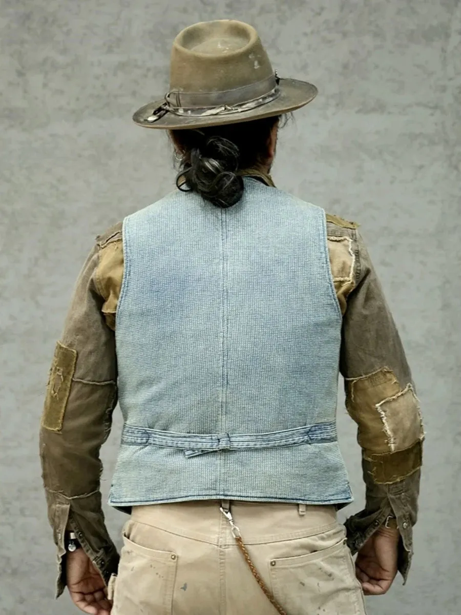 Men's Washed Blue Sashiko Vest - Elegant Style Vintage Waistcoat