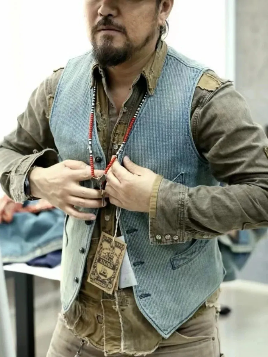 Men's Washed Blue Sashiko Vest - Elegant Style Vintage Waistcoat