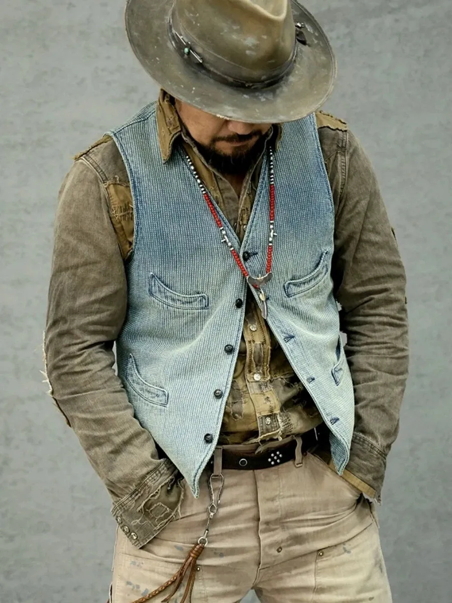 Men's Washed Blue Sashiko Vest - Elegant Style Vintage Waistcoat