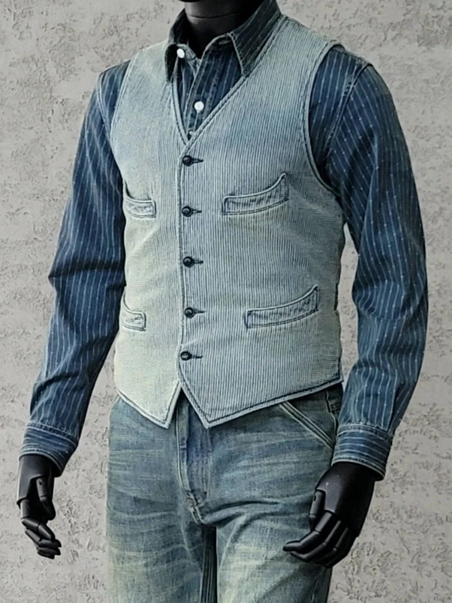 Men's Washed Blue Sashiko Vest - Elegant Style Vintage Waistcoat