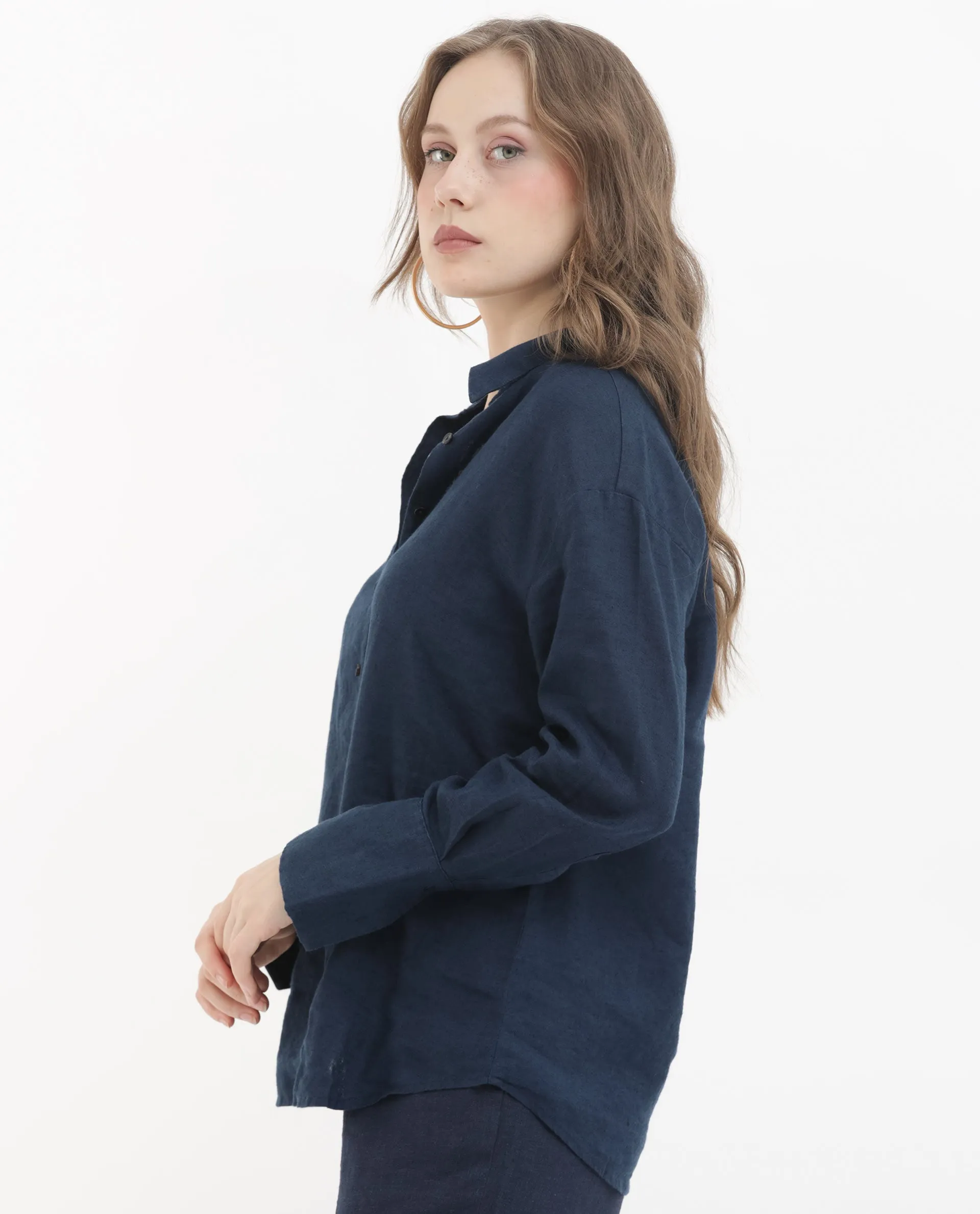 Rareism Women Barbados Dark Navy Viscose Linen Fabric Full Sleeves Button Closure Shirt Collar Regular Fit Plain Shirt