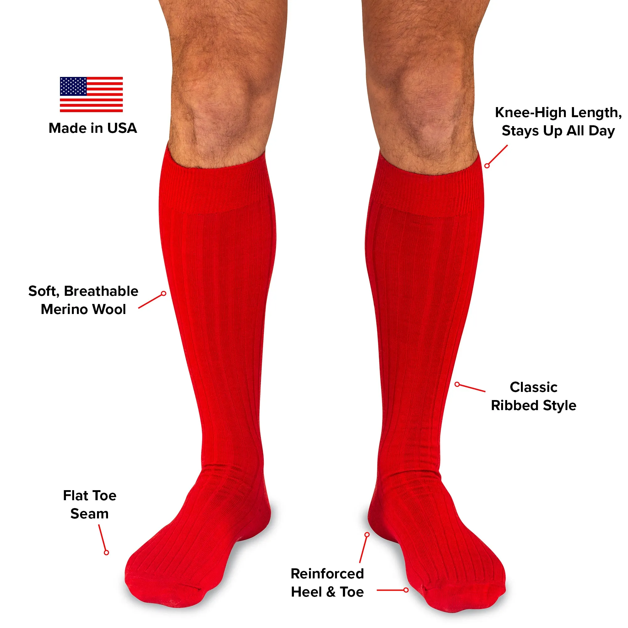 Red Merino Wool Over the Calf Dress Socks