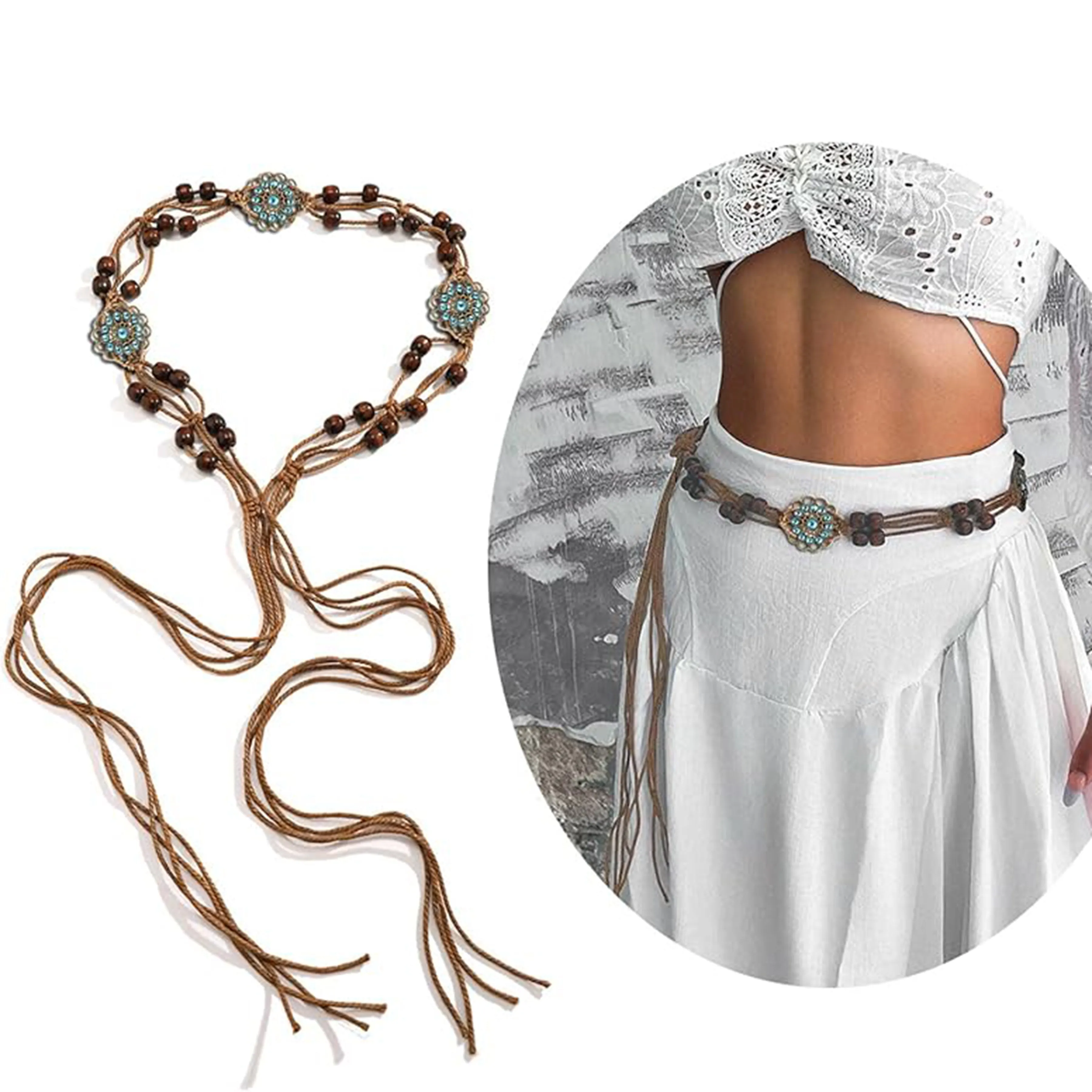 Rustic Rhapsody Brown Macrame Belt with Floral Accents