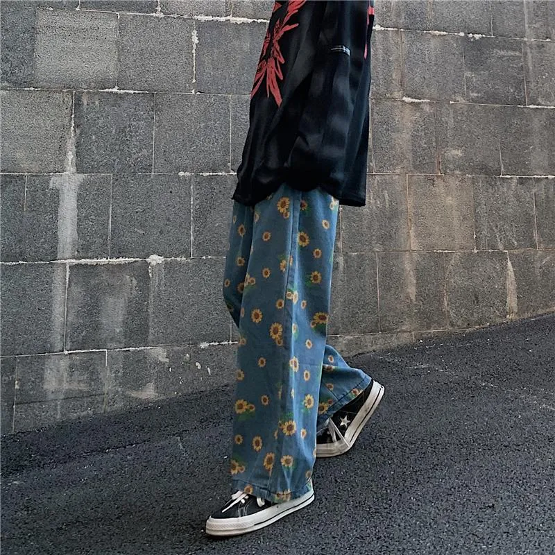Sunflowers Pattern Art Hoe Blue Oversized Denim Pants