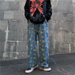 Sunflowers Pattern Art Hoe Blue Oversized Denim Pants