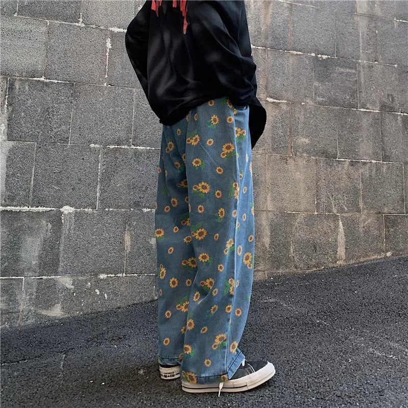 Sunflowers Pattern Art Hoe Blue Oversized Denim Pants