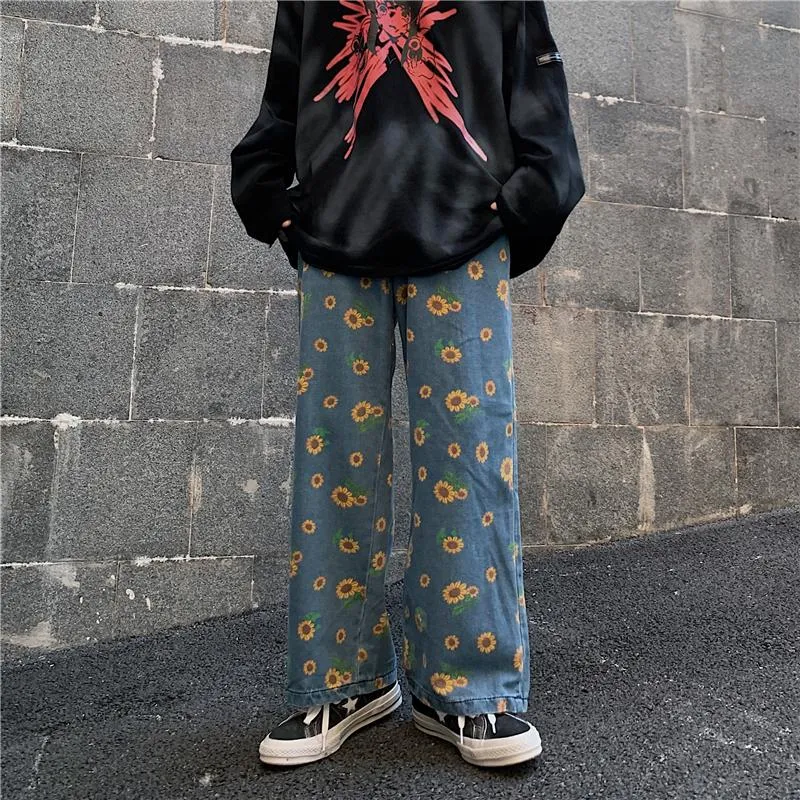 Sunflowers Pattern Art Hoe Blue Oversized Denim Pants