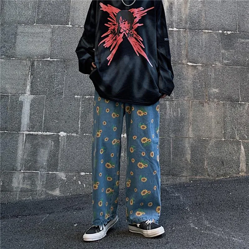 Sunflowers Pattern Art Hoe Blue Oversized Denim Pants