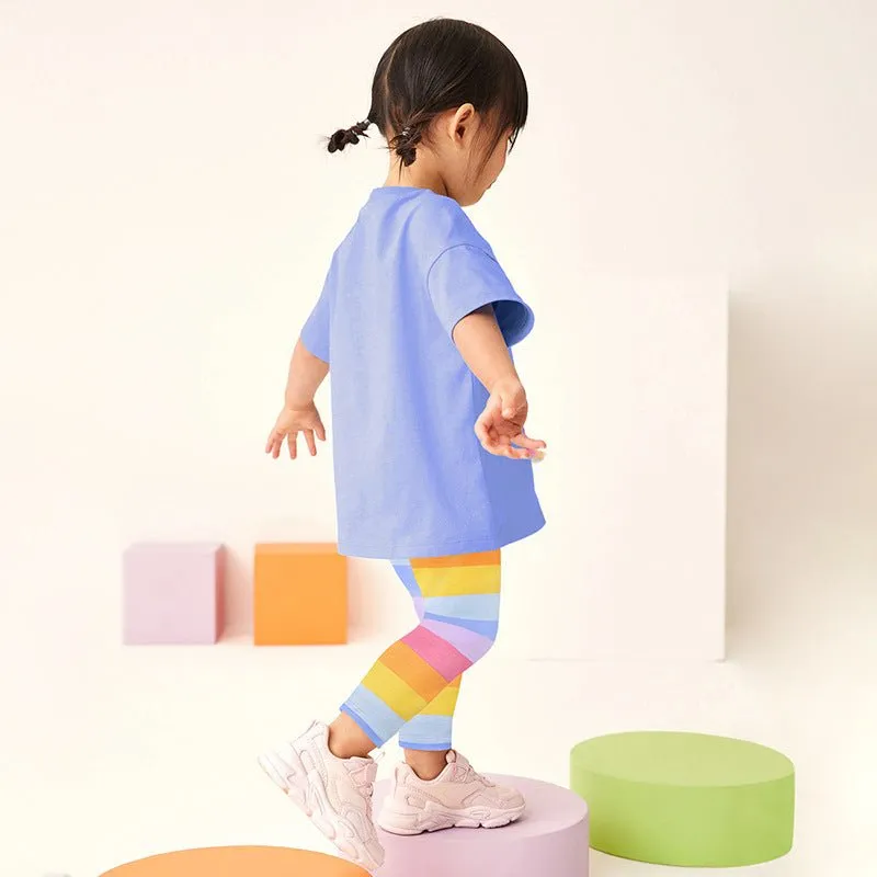 Toddler/Kid Girl's Short Sleeve Bear Design Top with Rainbow Color Leggings Set