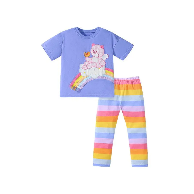 Toddler/Kid Girl's Short Sleeve Bear Design Top with Rainbow Color Leggings Set