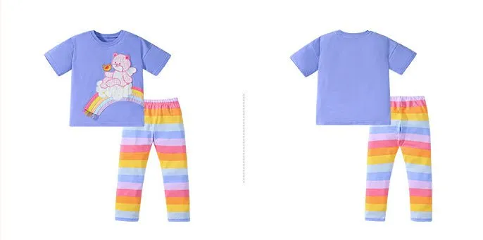Toddler/Kid Girl's Short Sleeve Bear Design Top with Rainbow Color Leggings Set