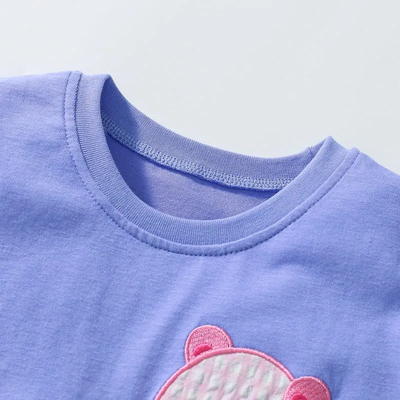Toddler/Kid Girl's Short Sleeve Bear Design Top with Rainbow Color Leggings Set