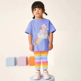 Toddler/Kid Girl's Short Sleeve Bear Design Top with Rainbow Color Leggings Set