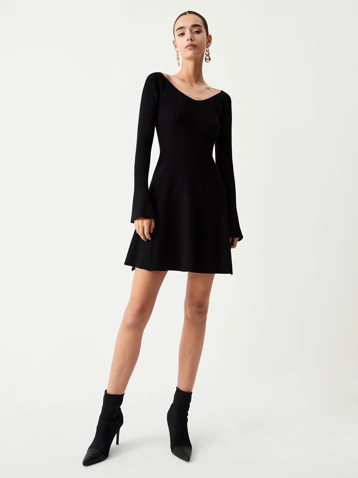V-Neck Long Sleeve Trendy Short Sweater Dress