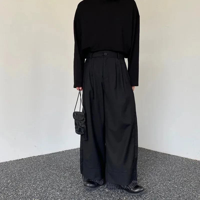 Wiaofellas  -  New Men's Fashion Baggy Pants Black Wide Leg Double Layered Striped Patchwork Cuffs Oversized High Waist Long Trousers Male
