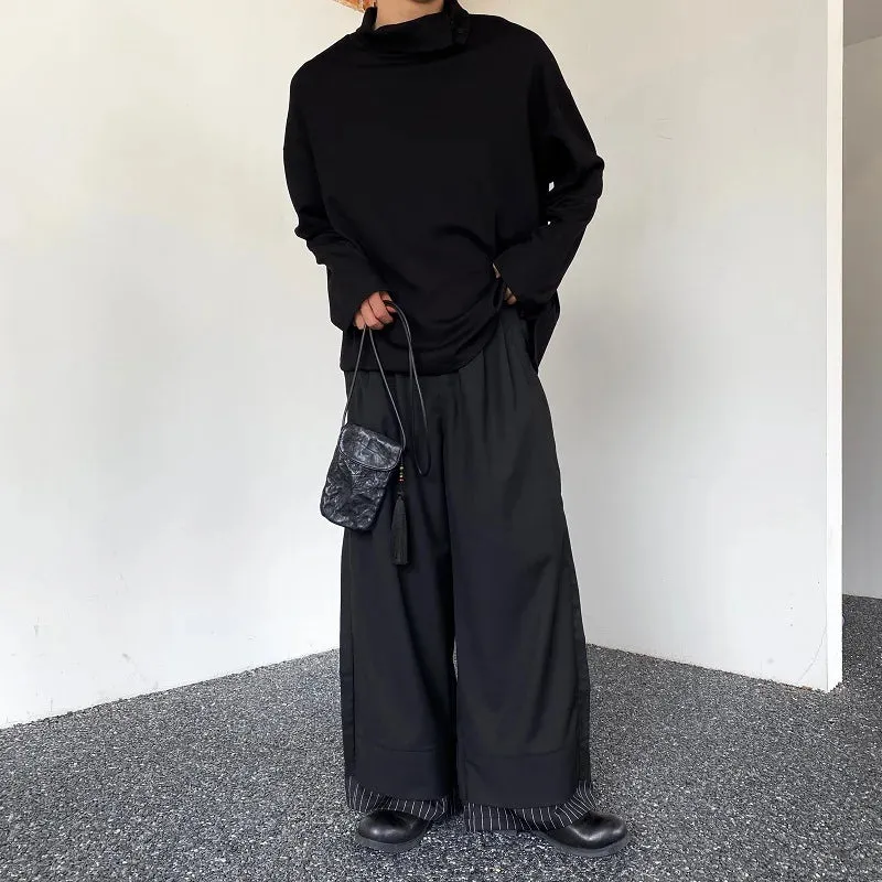 Wiaofellas  -  New Men's Fashion Baggy Pants Black Wide Leg Double Layered Striped Patchwork Cuffs Oversized High Waist Long Trousers Male