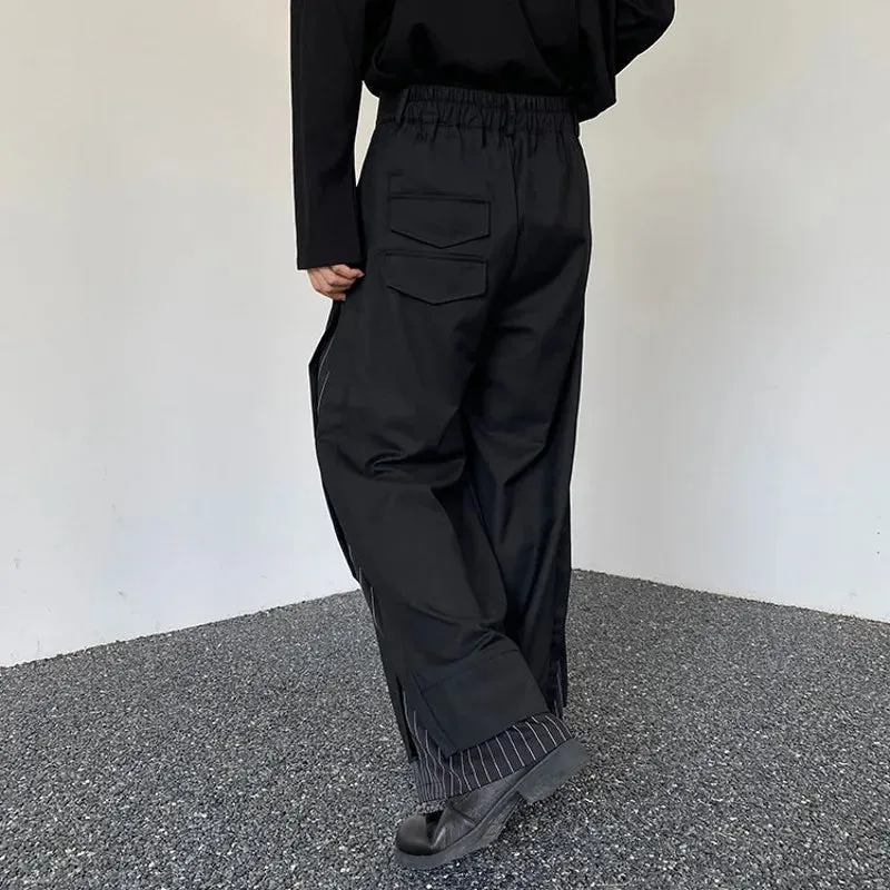 Wiaofellas  -  New Men's Fashion Baggy Pants Black Wide Leg Double Layered Striped Patchwork Cuffs Oversized High Waist Long Trousers Male