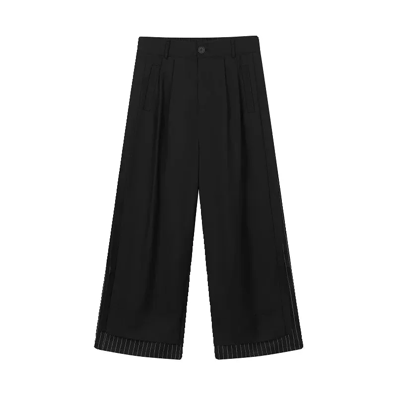 Wiaofellas  -  New Men's Fashion Baggy Pants Black Wide Leg Double Layered Striped Patchwork Cuffs Oversized High Waist Long Trousers Male