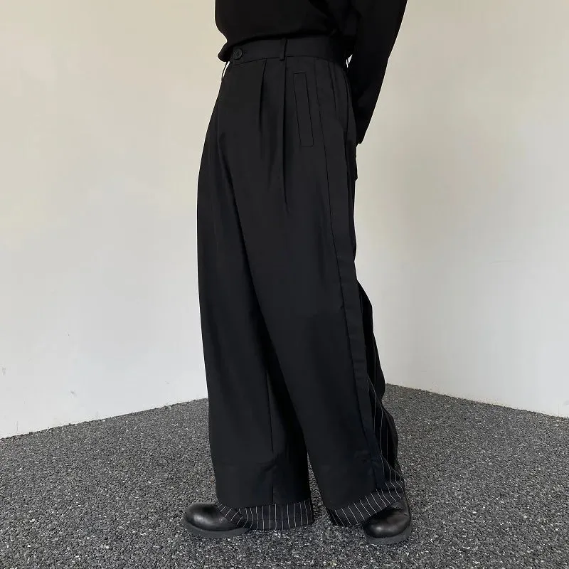 Wiaofellas  -  New Men's Fashion Baggy Pants Black Wide Leg Double Layered Striped Patchwork Cuffs Oversized High Waist Long Trousers Male