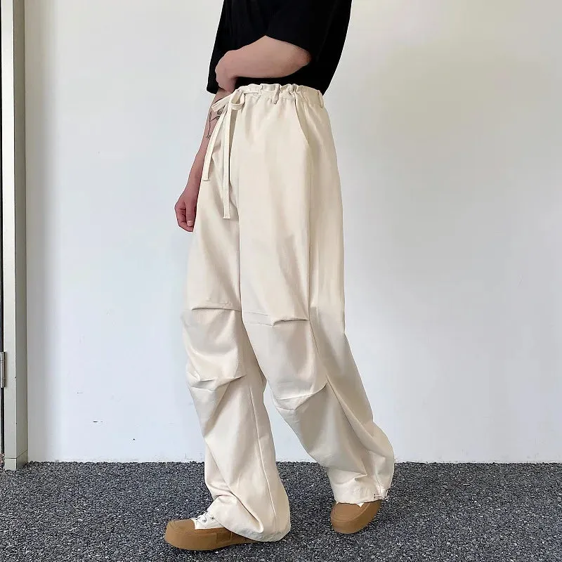 Wiaofellas  -  Retro Mens Casual Linen Pants Wide Leg Baggy Oversized Draped High Waist Plain Long Trousers Male Black Apricot