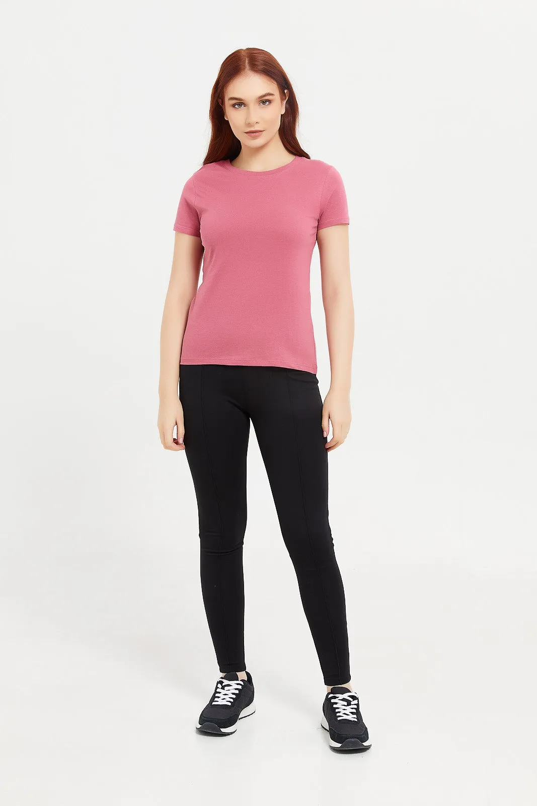 Women Black Ponte Legging With Front Pleat
