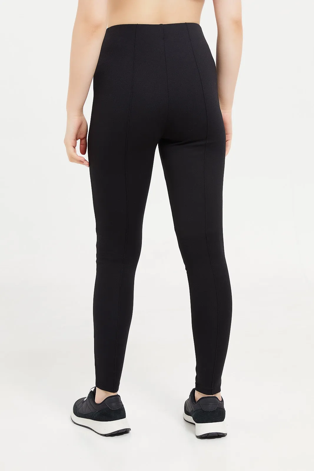 Women Black Ponte Legging With Front Pleat