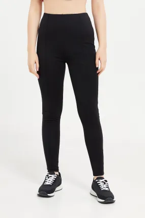 Women Black Ponte Legging With Front Pleat