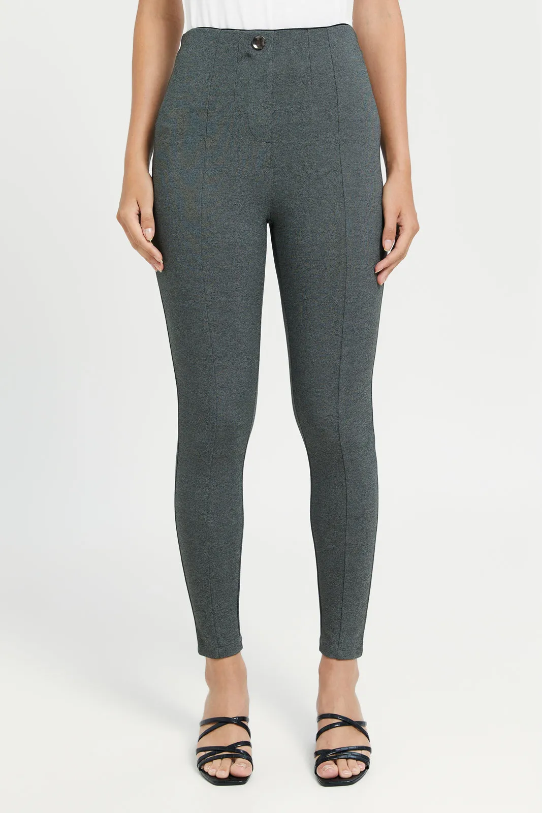 Women Charcoal Single Button Dart Ponte Leggings