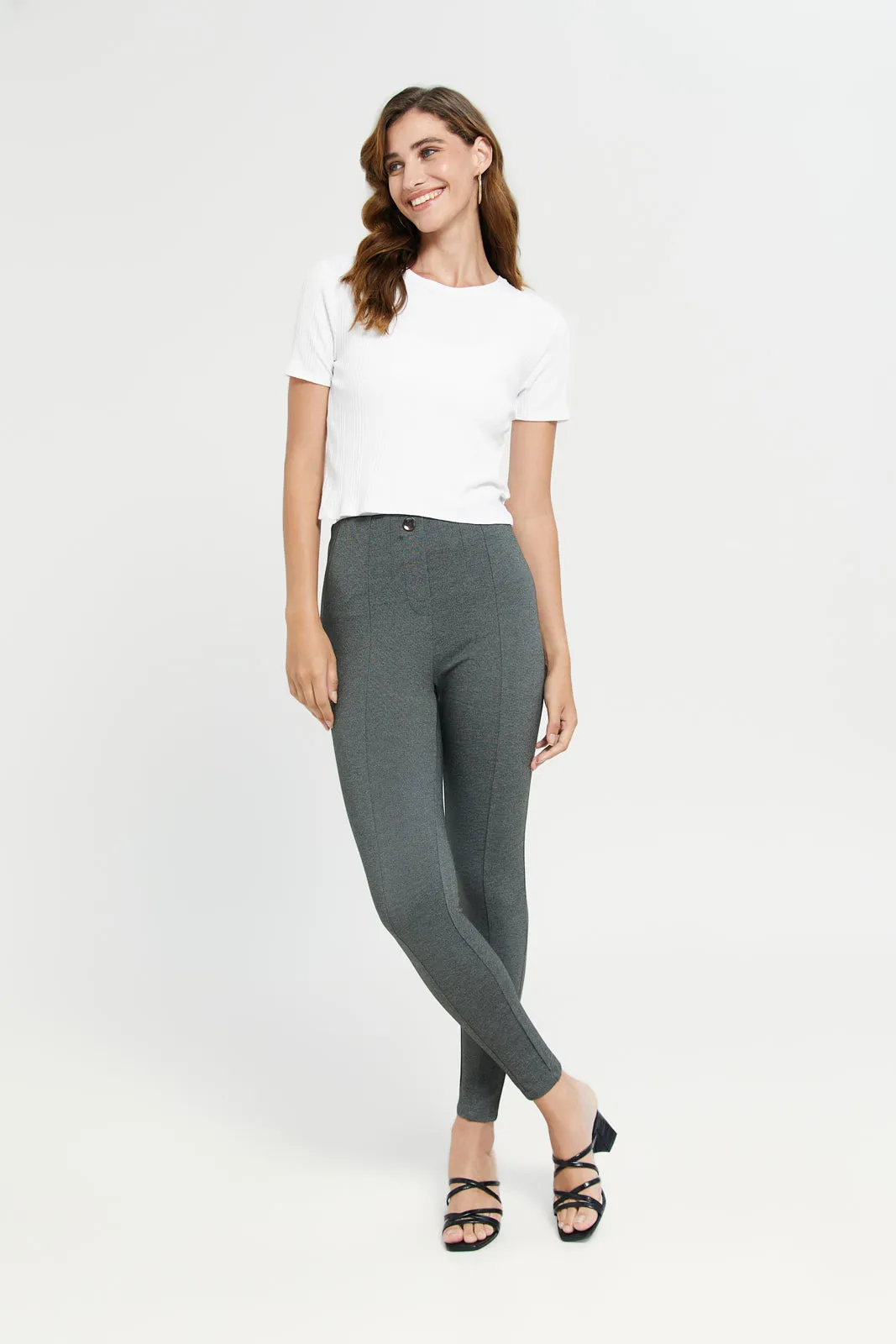 Women Charcoal Single Button Dart Ponte Leggings